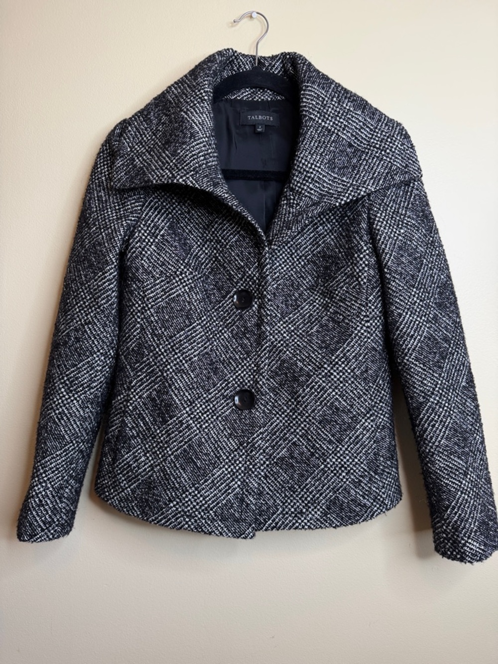 Talbots Women’s Size 2 Wool Blend Tweed Blazer Jacket Black White Metallic